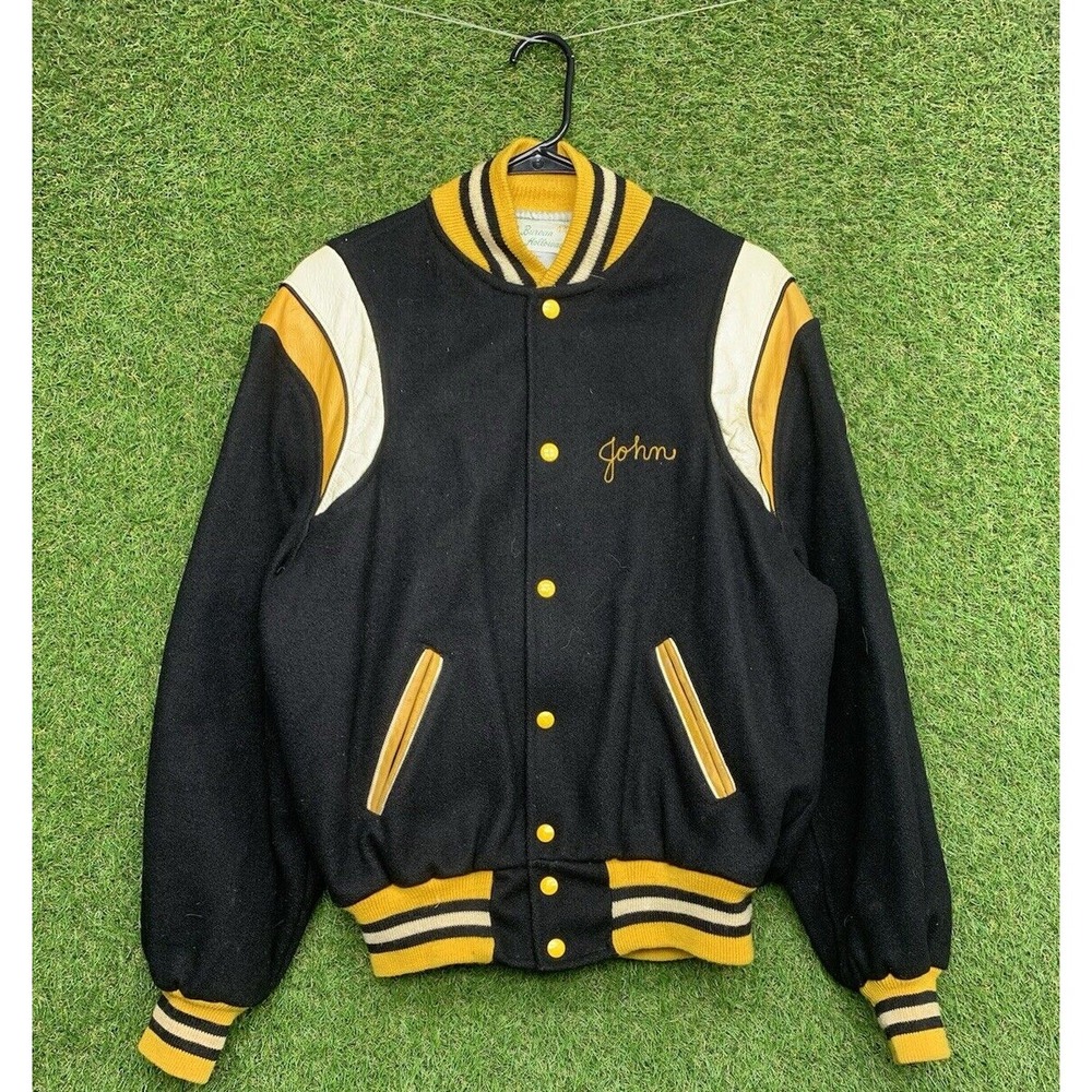 Vintage Letterman Jacket Mens 44 Varsity Springfield Black Yellow Holloway 80s